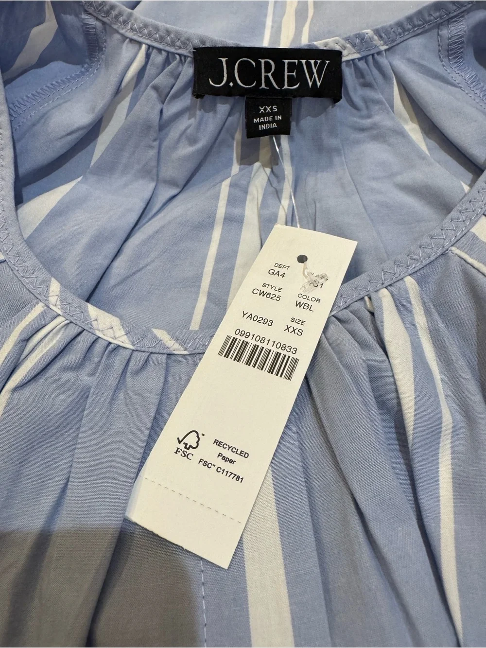 J. Crew Blue White striped puff sleeve Button  front DressSZ XXS NWT